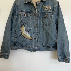 Embroidered Denim Jacket with Bird and Floral Design